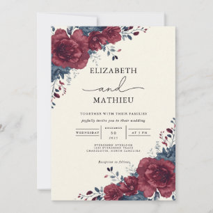 Rich Burgundy & Navy Botanical Floral Wedding Invitation