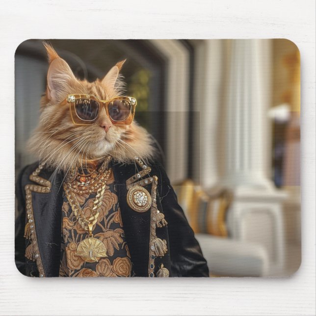 Rich cat standing in front of a mansion mouse pad (Front)