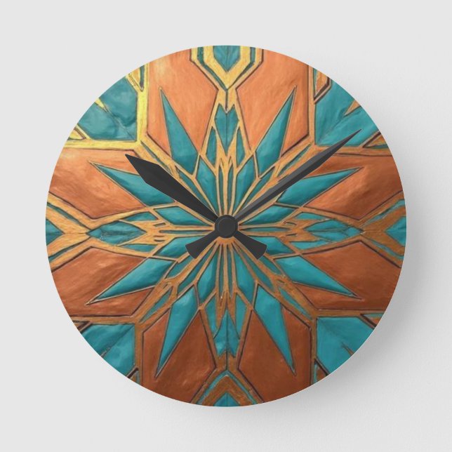 Rich Copper Metallic gold geometric starburst Round Clock (Front)
