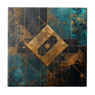 Rich Copper Metallic gold geometric starburst Tile