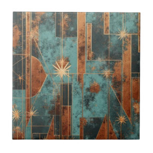 Rich Copper Metallic gold geometric starburst Tile