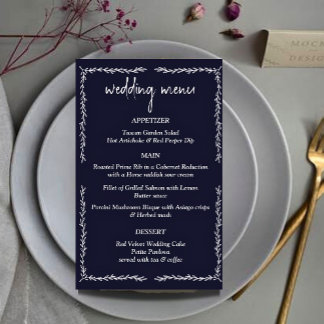 Rich Dark Blue Black Wedding Menu Card