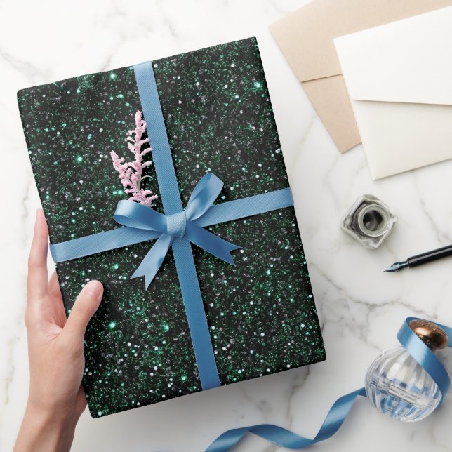Rich Emerald Green Metallic Black Glitter Pattern Wrapping Paper (Gifting)