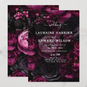 Rich floral arrangement featuring roses, peonies, invitation