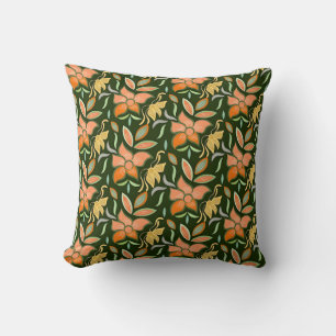 Rich Floral Pattern: Peach Flowers and Green Leave Throw Pillow