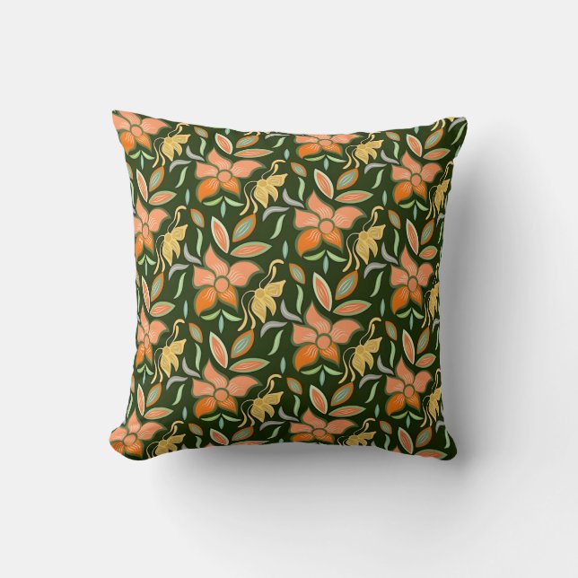 Rich Floral Pattern: Peach Flowers and Green Leave Throw Pillow (Front)