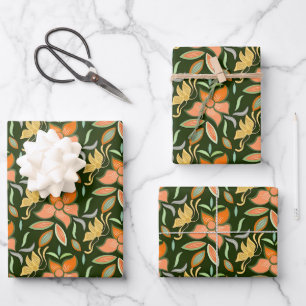 Rich Floral Pattern: Peach Flowers and Green Leave Wrapping Paper Sheet