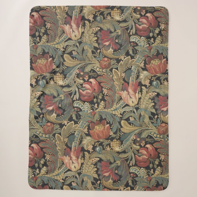 Rich Floral Tapestry Brocade Antique Classic Sherpa Blanket (Front)