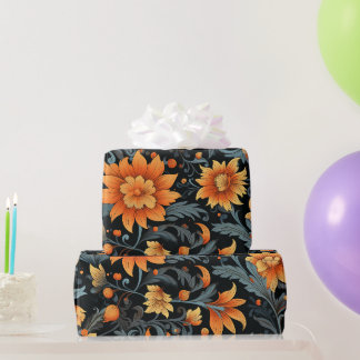 Rich floral wallpaper featuring vibrant orange wrapping paper