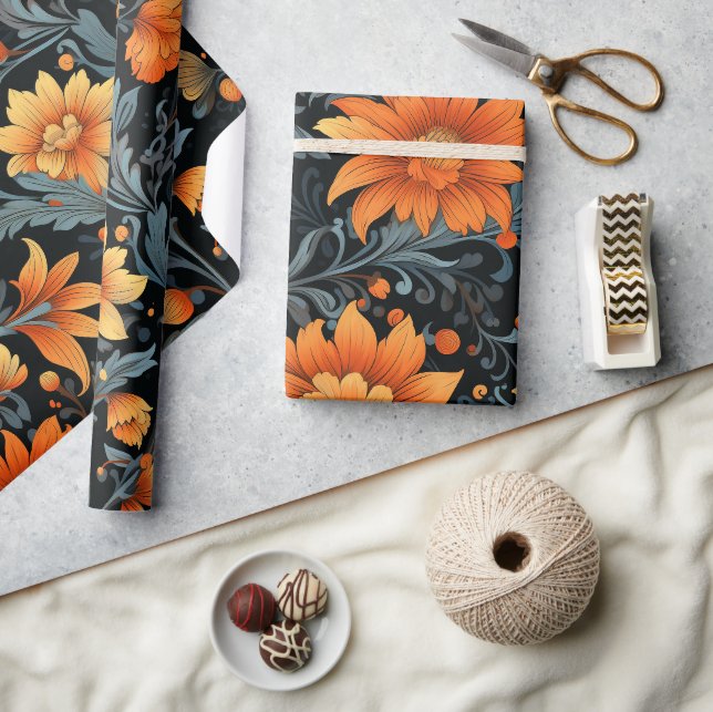 Rich floral wallpaper featuring vibrant orange  wrapping paper (Crafts)