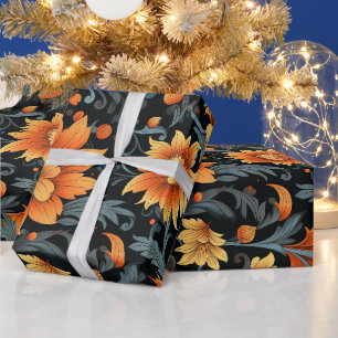 Rich floral wallpaper featuring vibrant orange wrapping paper