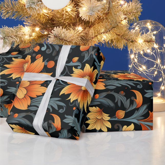 Rich floral wallpaper featuring vibrant orange  wrapping paper (Holidays)