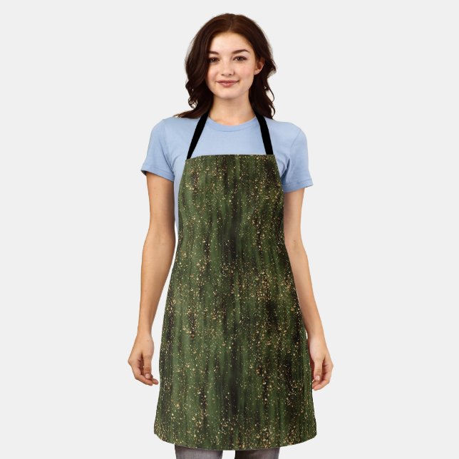 Rich Green and Gold Abstract Sparkle Pattern Apron (Worn)