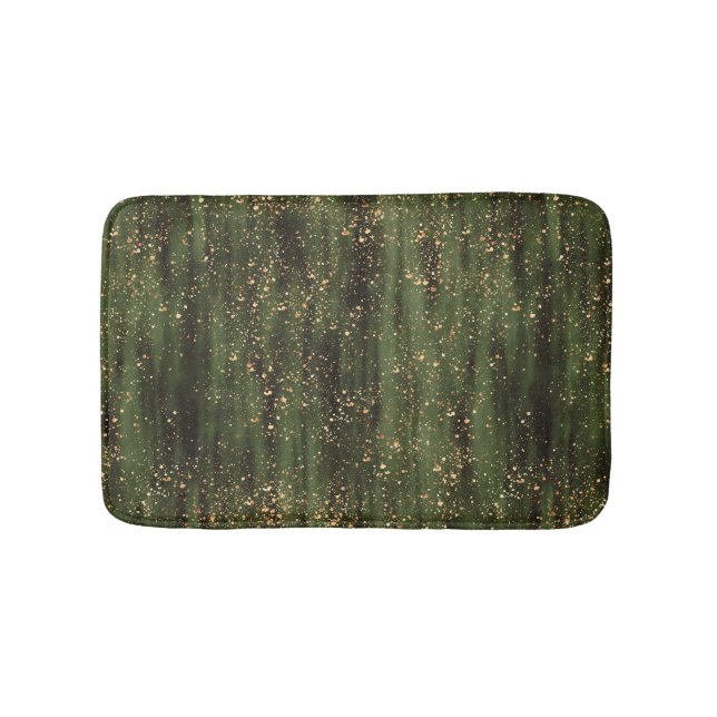 Rich Green and Gold Abstract Sparkle Pattern Bath Mat (Front)
