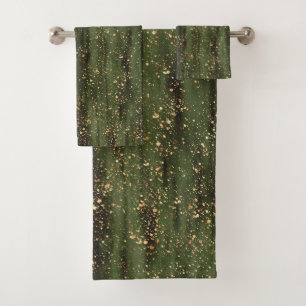 Rich Green and Gold Abstract Sparkle Pattern Bath Towel Set