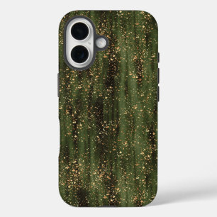 Rich Green and Gold Abstract Sparkle Pattern iPhone 16 Case