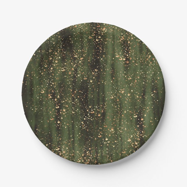 Rich Green and Gold Abstract Sparkle Pattern Paper Plate (Front)