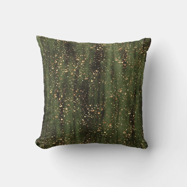Rich Green and Gold Abstract Sparkle Pattern Throw Pillow (Front)