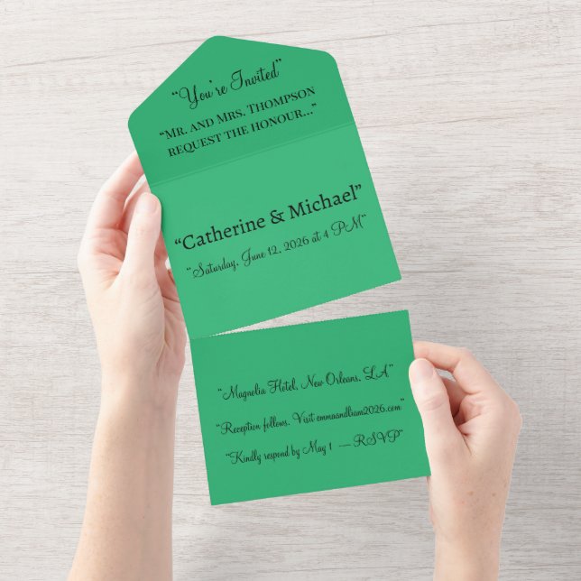 Rich Green Backdrop – Classic & Minimalist Look All In One Invitation (Tearaway)
