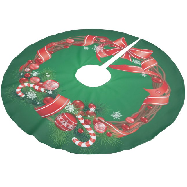Rich Green Ombre  with Christmas Wreath Brushed Polyester Tree Skirt (Angled)