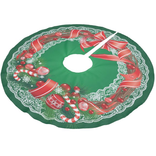 Rich Green Ombre  with Lace Christmas Wreath Brushed Polyester Tree Skirt (Angled)