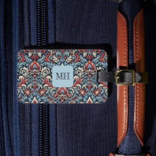 Rich hues of red and blue damask pattern luggage tag