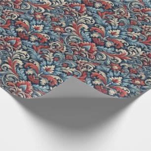 Rich hues of red and blue damask pattern  wrapping paper