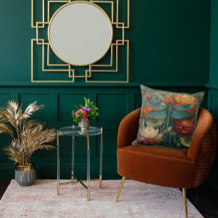 Rich Jewel Toned Florals and a Winged Dragonfly Throw Pillow