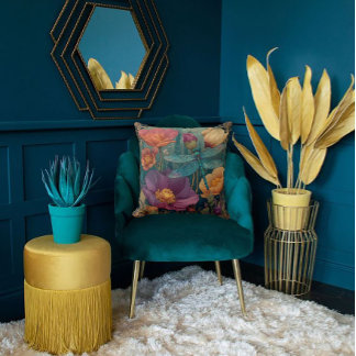 Rich Jewel Toned Florals and a Winged Dragonfly  Throw Pillow
