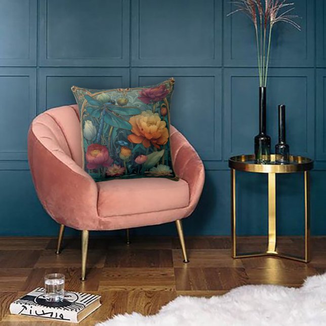 Rich Jewel Toned Florals and a Winged Dragonfly Throw Pillow (Creator Uploaded)