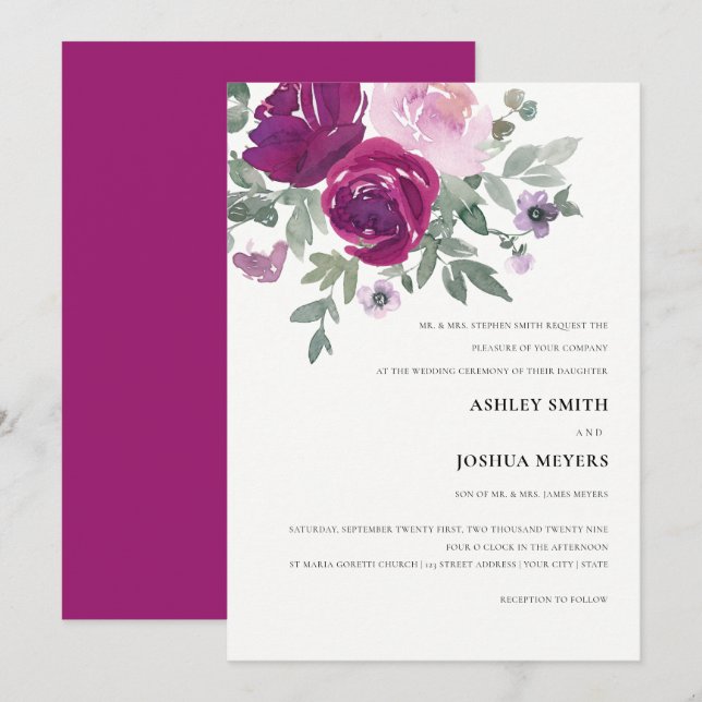 Rich Magenta Pink Floral Pearl White Wedding Invitation (Front/Back)