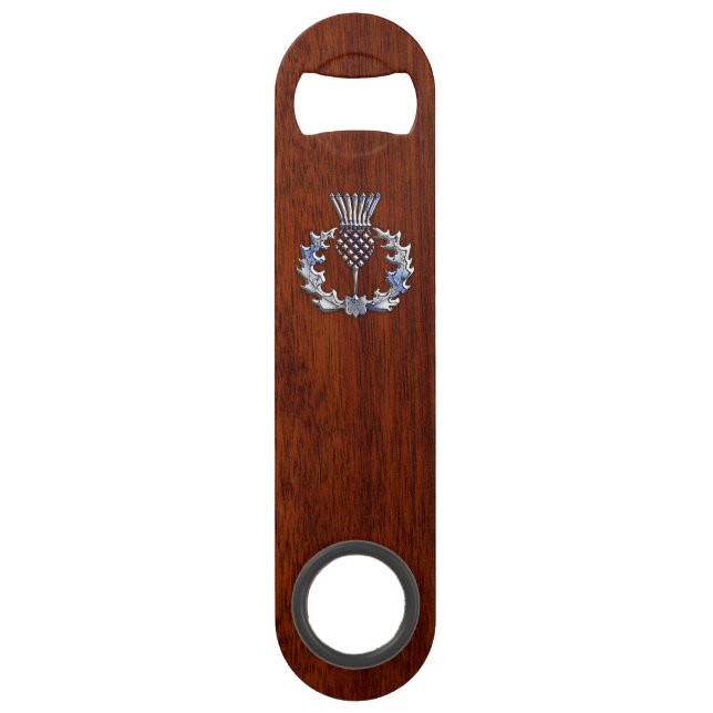 Rich Mahogany Wood Scottish Thistle Print Bar Key (Front)