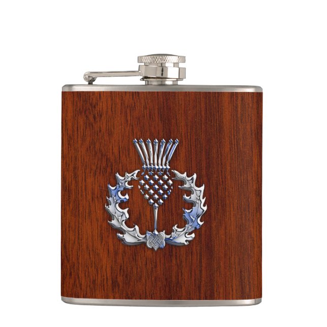 Rich Mahogany Wood Scottish Thistle Print Hip Flask (Front)