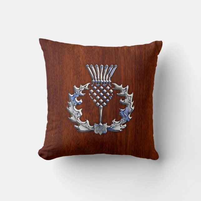 Rich Mahogany Wood Scottish Thistle Print Throw Pillow (Front)
