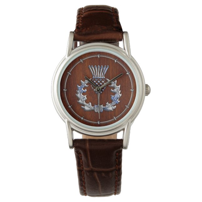 Rich Mahogany Wood Scottish Thistle Print Watch (Front)