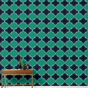 Rich navy blue and peacock green moroccan pattern wallpaper