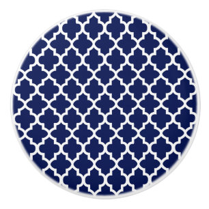 Rich Navy Blue and White Quatrefoil Ceramic Knob