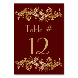 Rich Oxblood and Gold Tone Wedding Table Number