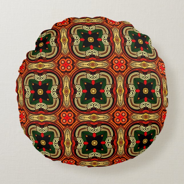 Rich pattern red,yellow and beige Boho Round Pillow (Front)