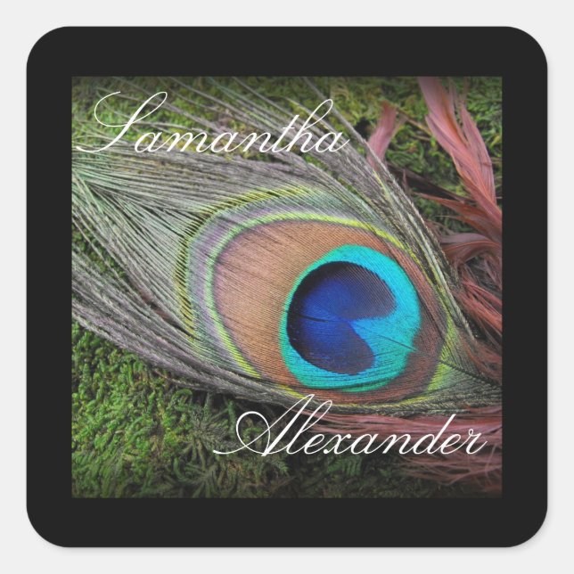 Rich Peacock Feather with Green Moss Square Sticker (Front)