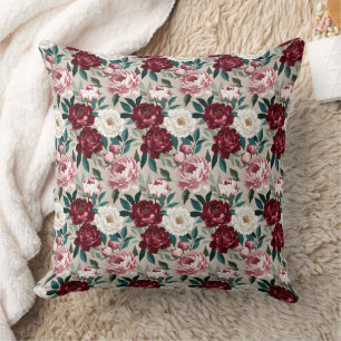Rich Peonies & Leaves in Contemporary Colour Harmo Throw Pillow