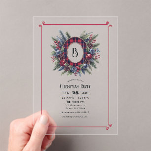 Rich Plaid Monogram Christmas Party Acrylic Invitations