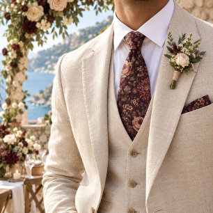 Rich Plum Heritage Dahlia Rose Botanical Pattern Tie