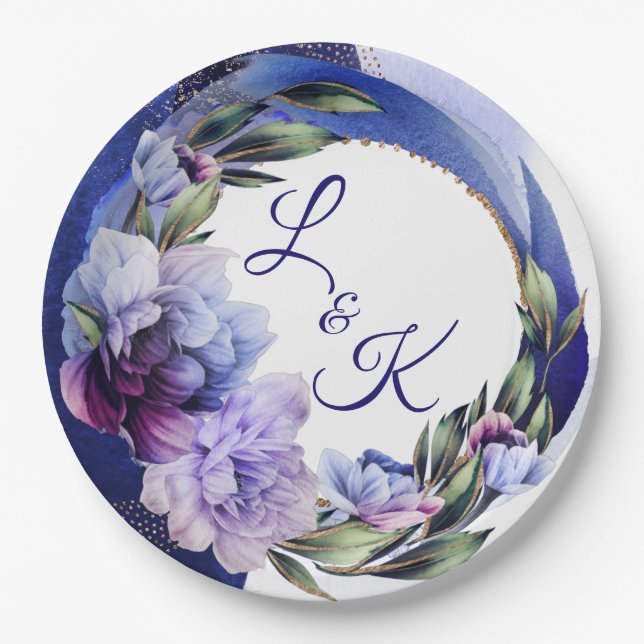 Rich Purple and Blue Peony Fancy Paper Plate (Front)