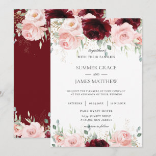 Rich Red Burgundy Blush Pink Roses Floral Wedding  Invitation