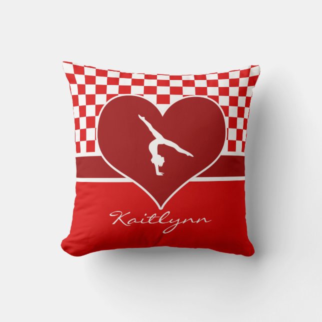Rich Red Chequered Gymnastics with Monogram Throw Pillow (Front)