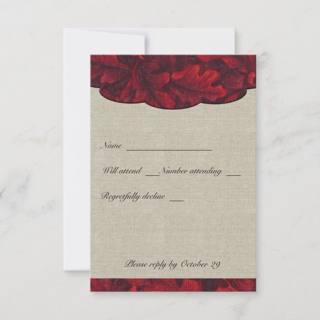 Rich Red Fabric Leaves & Linen rsvp with envelopes (Front)