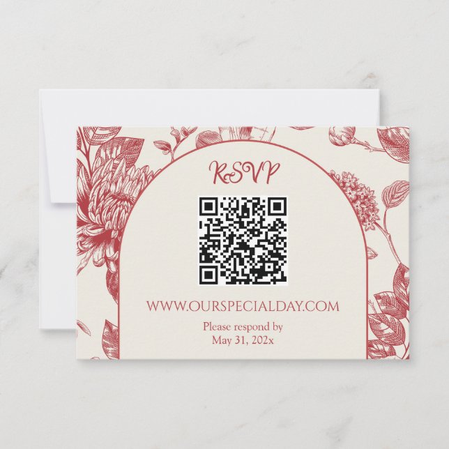 Rich Red French Floral Toile Floral RSVP Card (Front)