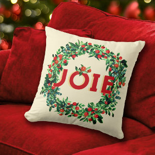 Rich Red Green Berry Wreath Joy French Throw Pillow