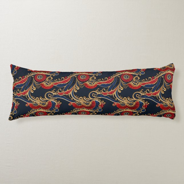 Rich Red, Navy, Gold Floral Scroll Body Pillow (Front)